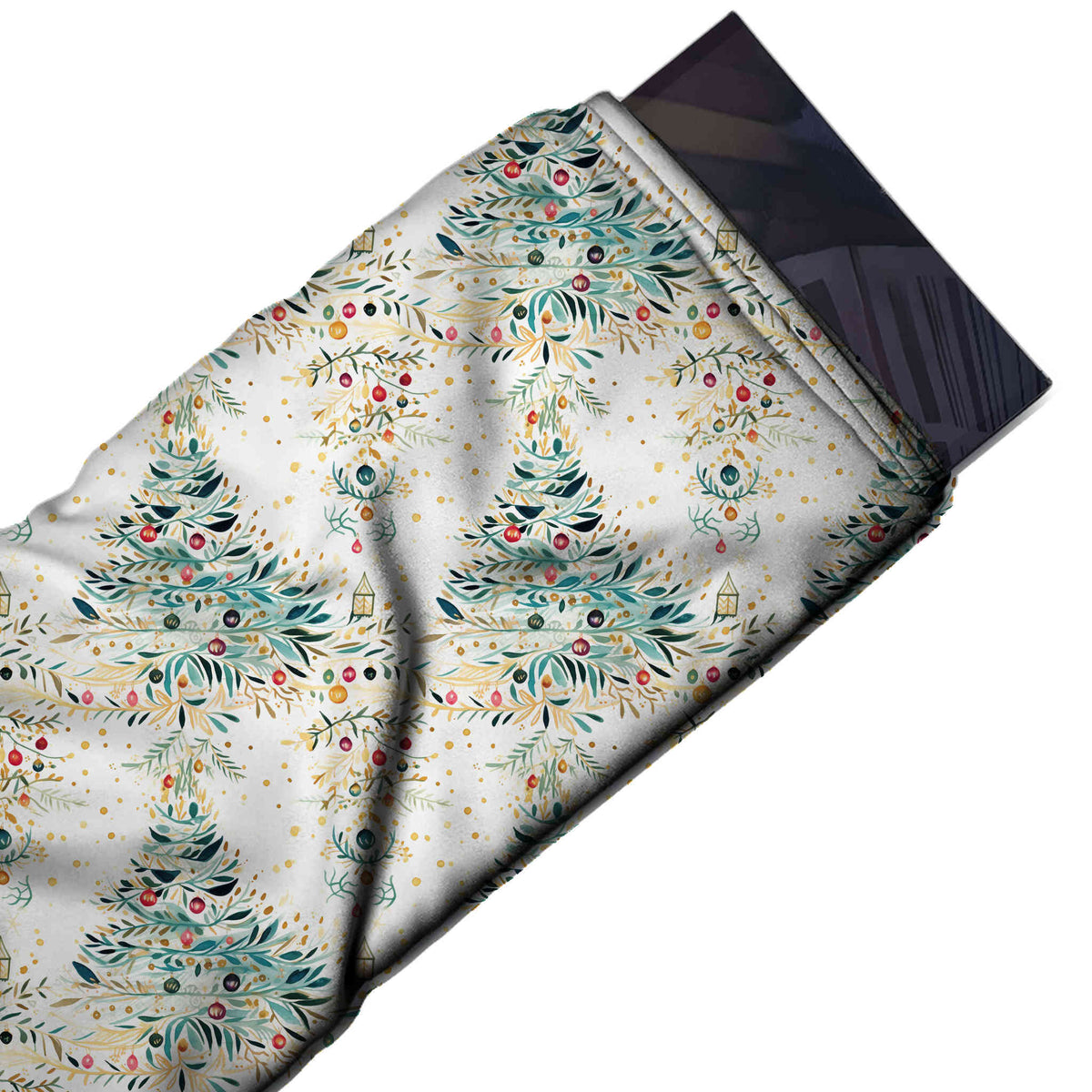 Flat fabric swatch: large-scale one-way print of watercolour Christmas trees formed from, design Design No_4930, Clothwala