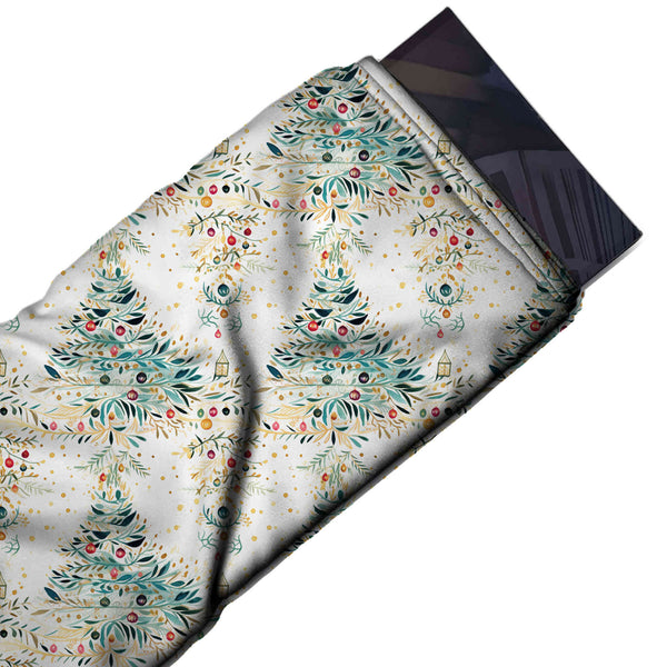 White & Teal Green Watercolour Frond Trees Printed Viscose Muslin Fabric