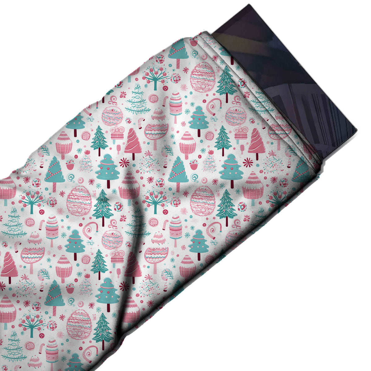 Flat fabric swatch: all-over one-way print of teal and pink Christmas trees with dark, design Design No_4960, Clothwala