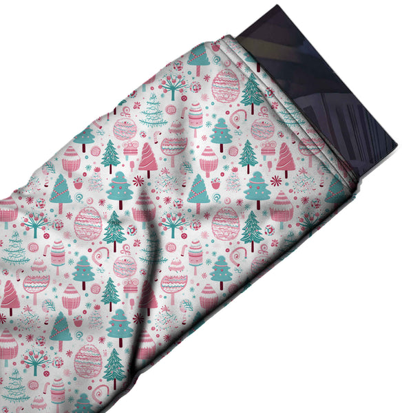 White & Teal Trees & Cupcakes Printed Viscose Muslin Fabric