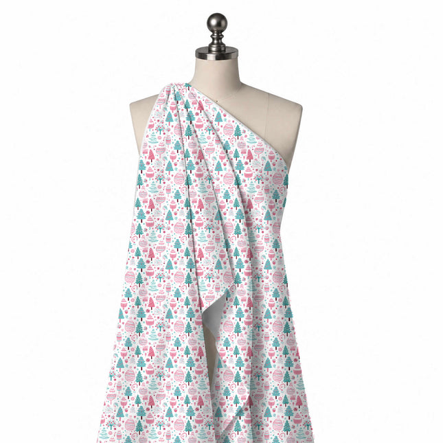 Draped on a mannequin: all-over one-way print of teal and pink Christmas trees with dark, design Design No_4960, Clothwala
