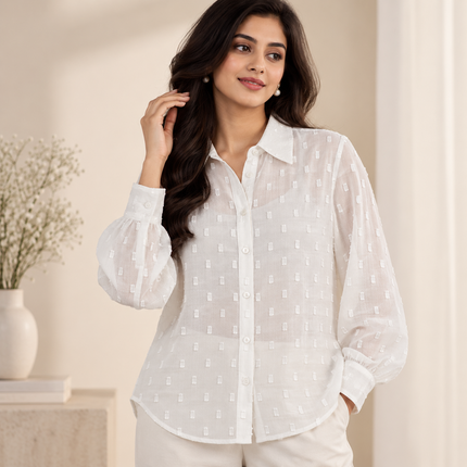 White & White Solid Chiffon Swiss Dot Fabric — design 045CBF-RSSC/DS-575, Clothwala