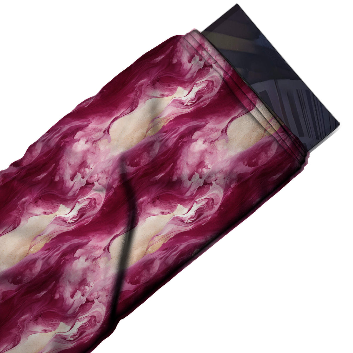 Flat fabric swatch: all-over diagonal fluid-marble layout with large poured swirls of pink, design Design No_3948, Clothwala