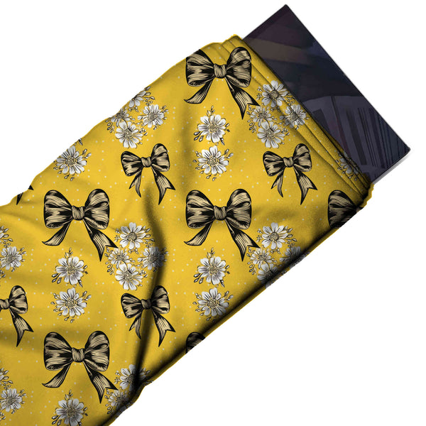 Yellow & Black Engraved Bows & Daisies Printed Pure Natural Crepe Fabric