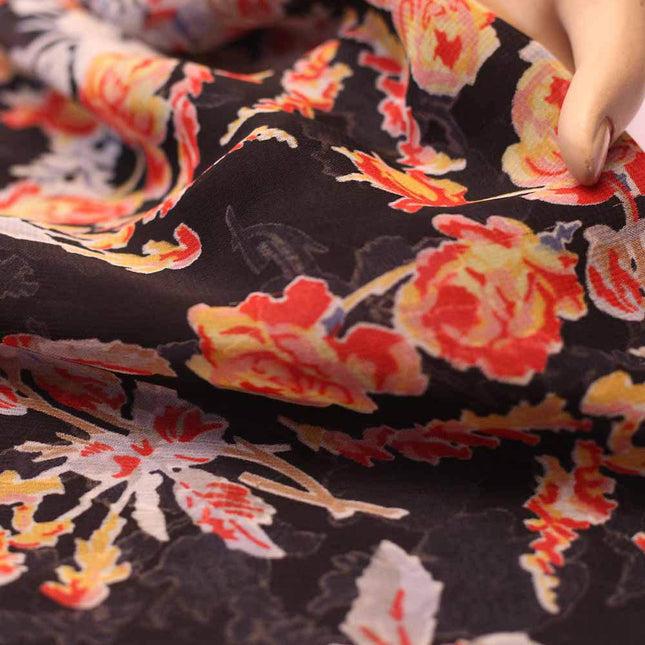 GEORGETTE BLACK ORANGE FLOWER PRINT