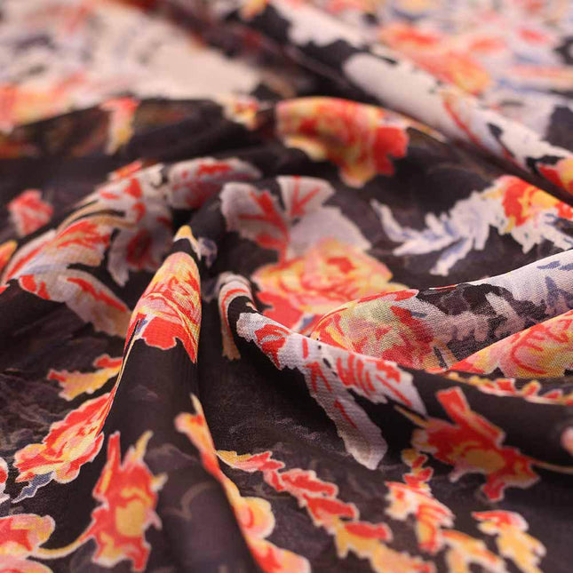 GEORGETTE BLACK ORANGE FLOWER PRINT