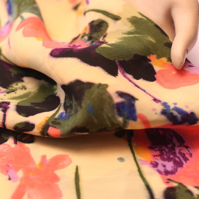 GEORGETTE YELLOW DARK GREEN FLOWER  PRINT