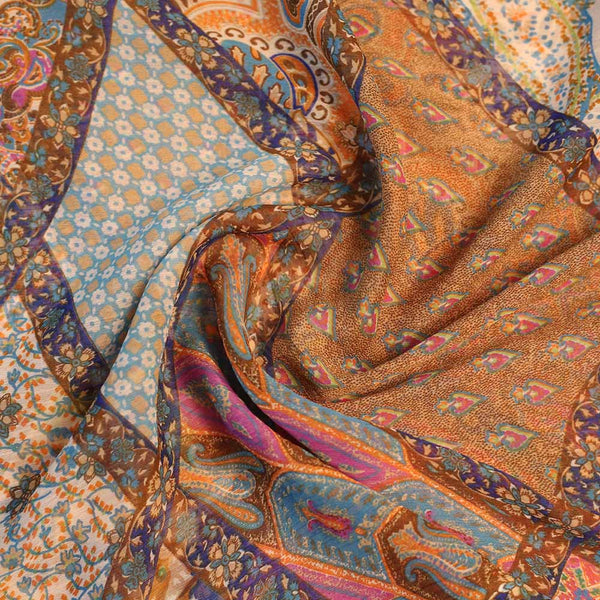 Poly Chiffon Paisley Box Print Fabric - White