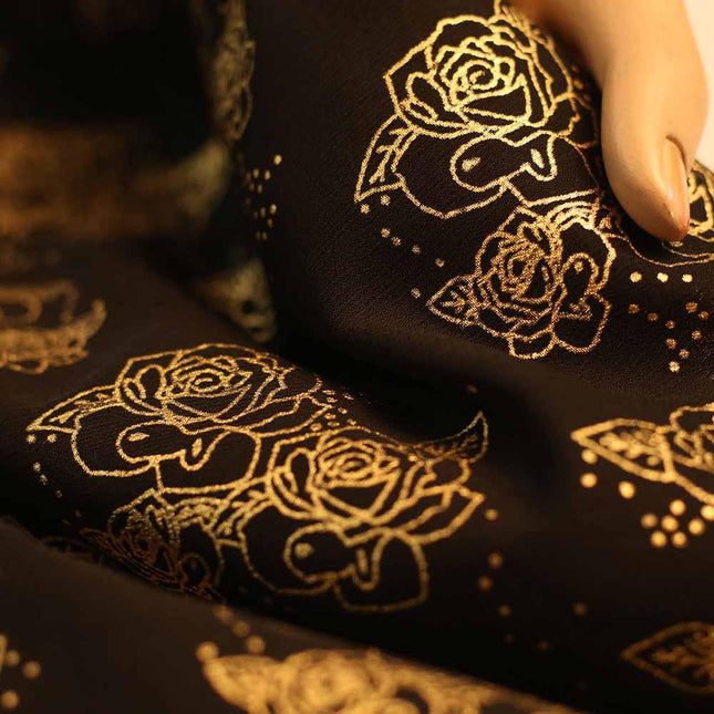 POLY CHIFFON GOLD FOIL FLOWER PRINT | BLACK COLOR