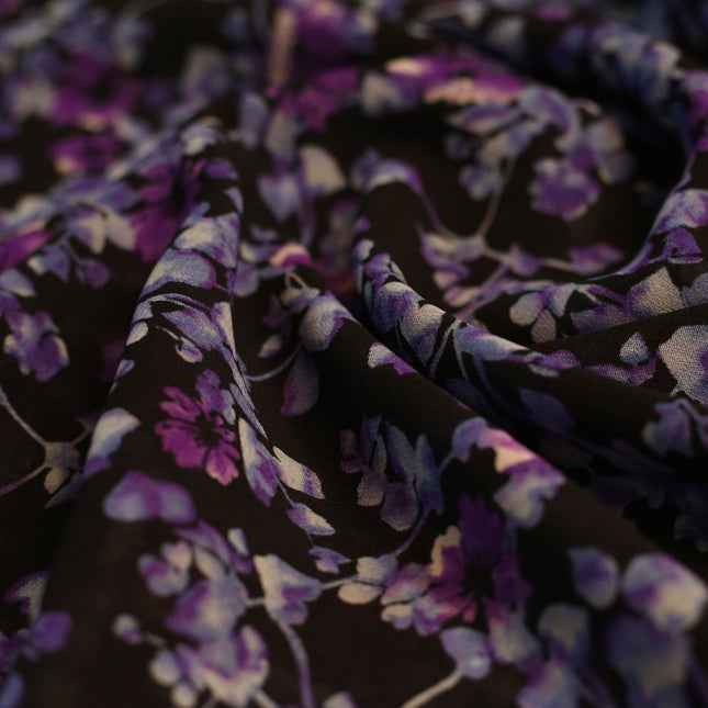 GEORGETTE BLACK PURPLE FLOWER PRINT
