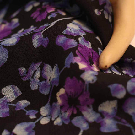 GEORGETTE BLACK PURPLE FLOWER PRINT