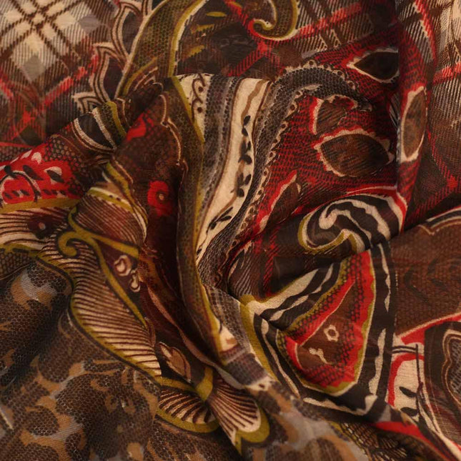 GEORGETTE BROWN AND WHITE PAISLEY FLOWER PRINT