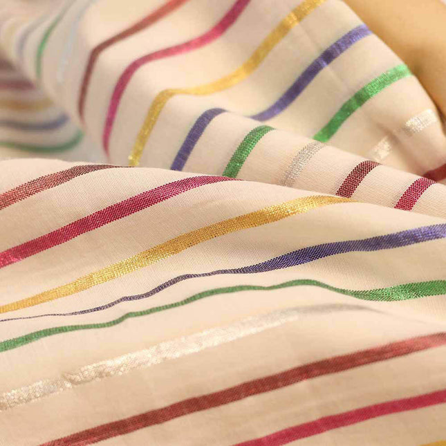 MULTI COLOR STRIP MUSLIN OFF WHITE FABRIC
