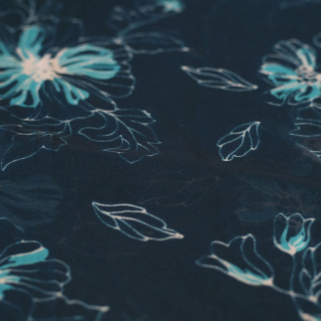GEORGETTE BLUE FLOWER AND LEAF PRINT