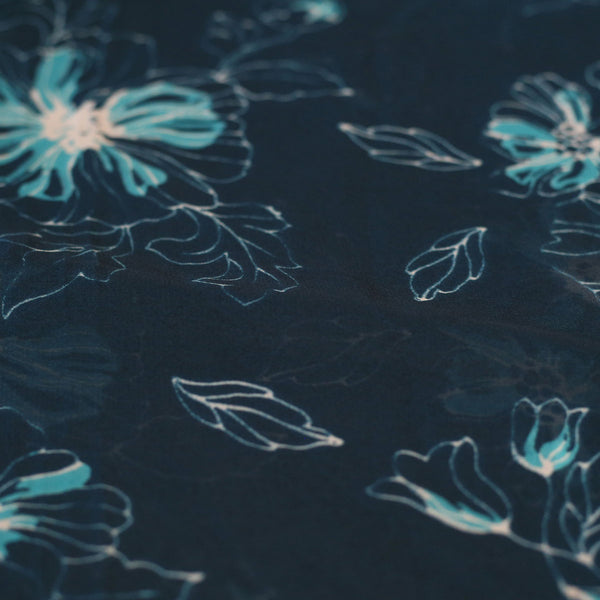 GEORGETTE BLUE FLOWER AND LEAF PRINT