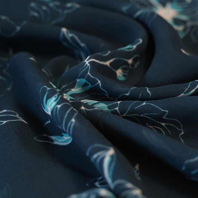 GEORGETTE BLUE FLOWER AND LEAF PRINT