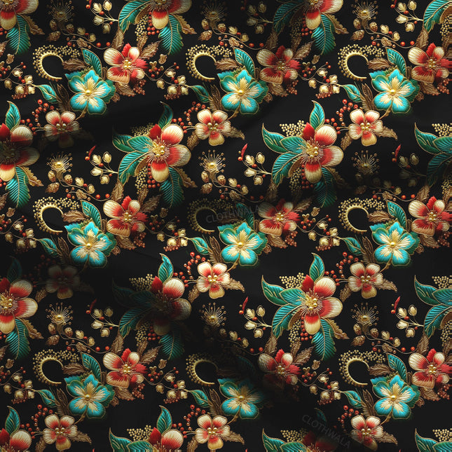 Premium Black Floral Teal Red Embroidery Soft Crepe Printed Fabric