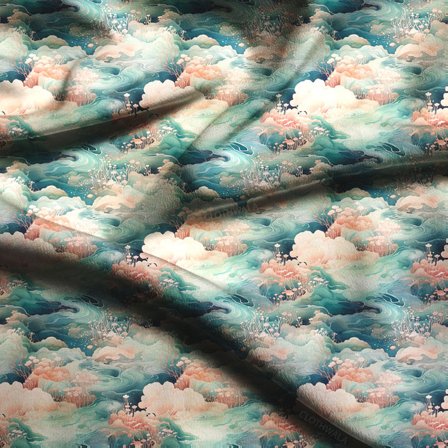 Hotpick Oceanic Abstract - Serene Marine Dreamscape Soft Crepe Printed Fabric