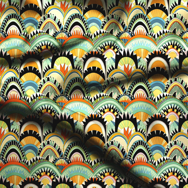 Premium Sunrise Geometric - Retro Rhapsody Scallop Symphony Soft Crepe Printed Fabric