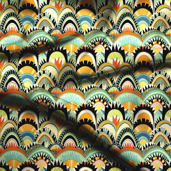 Premium Sunrise Geometric - Retro Rhapsody Scallop Symphony Soft Crepe Printed Fabric
