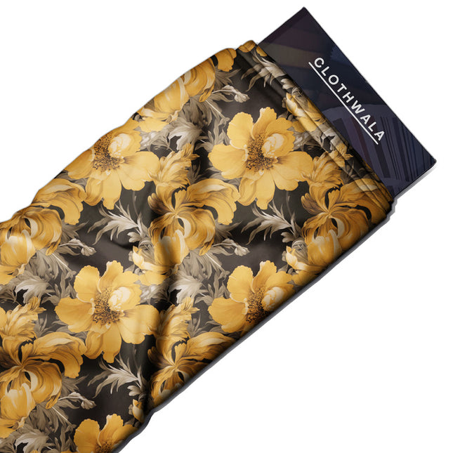 Hotpick Twilight Floral Gold uSoft Satin Printed Fabric