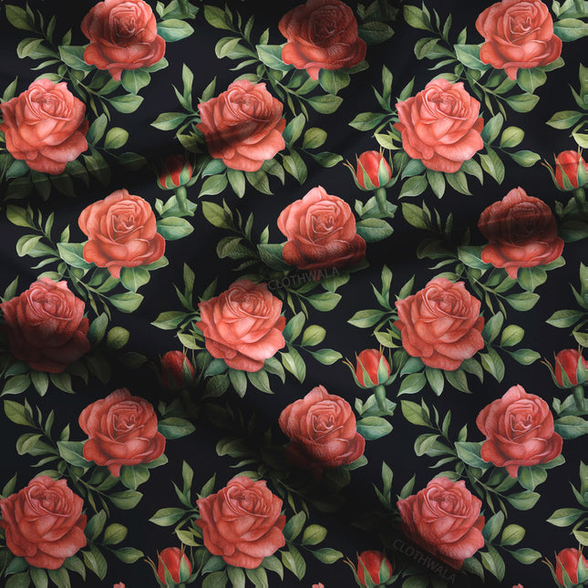 Premium Floral Midnight Rose Soft Crepe Printed Fabric