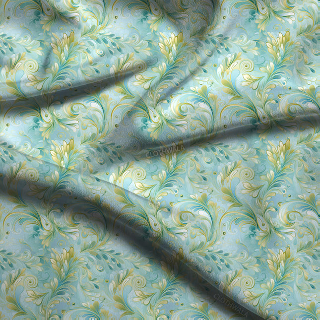 Trendy Aquamarine Victorian Elegance Arabesque Soft Crepe Printed Fabric