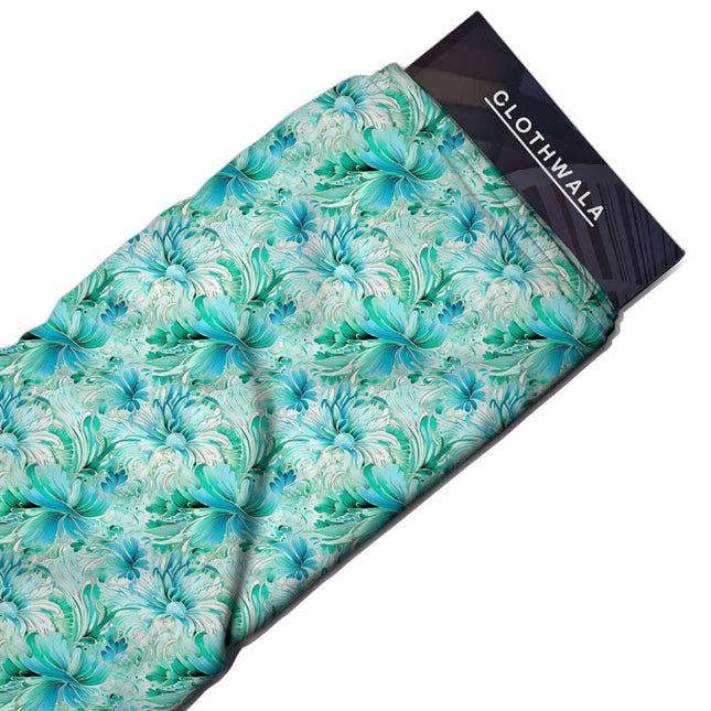 Premium Aqua Abstract Floral Bloom Fantasy uSoft Satin Printed Fabric