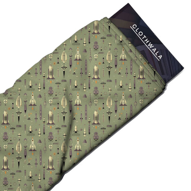 Must-Have Retro Novelty Conversational Rocket Rally Soft Crepe Printed Fabric