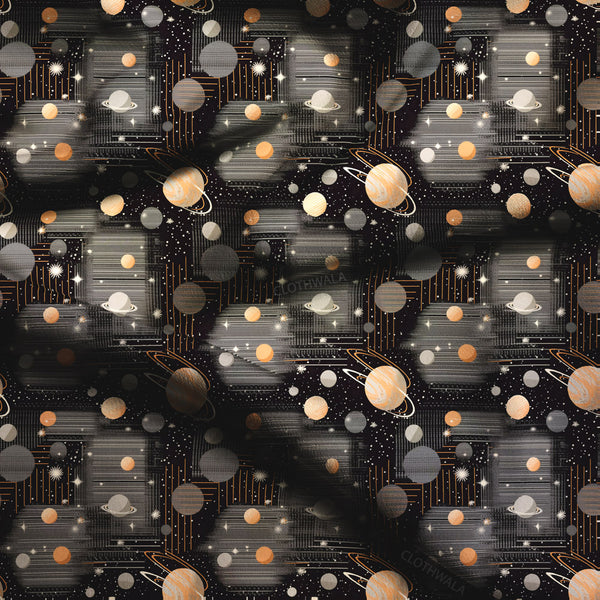 Premium Sci-Fi Celestial Circuitry Soft Crepe Printed Fabric