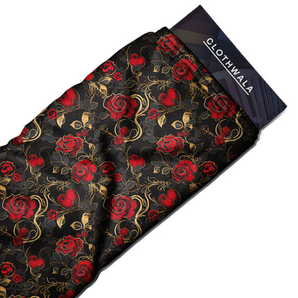 Trendy Golden Floral Rose uSoft Satin Printed Fabric