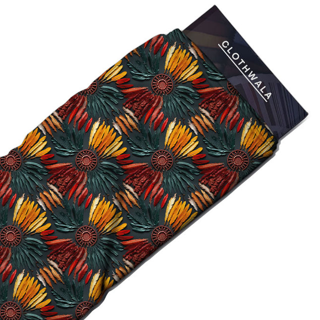 Exclusive Autumnal Abstract Feather Burst Soft Crepe Printed Fabric