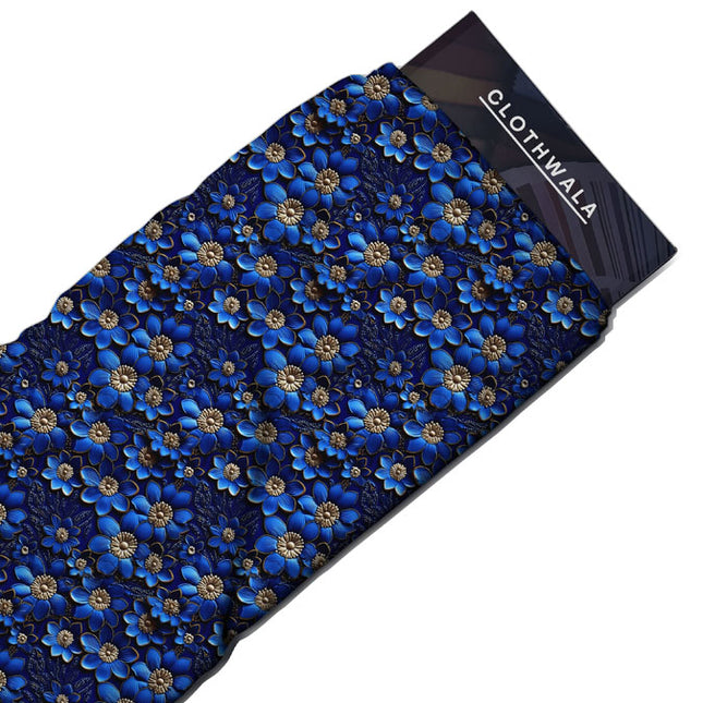 Hotpick Regal 3D Floral Indigo Bloom Soft Crepe Printed Fabric