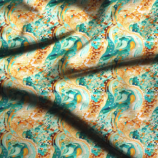 Hotpick Gilded Abstract - Maritime Elegance Aqua Swirl Soft Crepe Printed Fabric