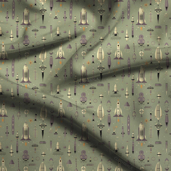 Must-Have Retro Novelty Conversational Rocket Rally Soft Crepe Printed Fabric