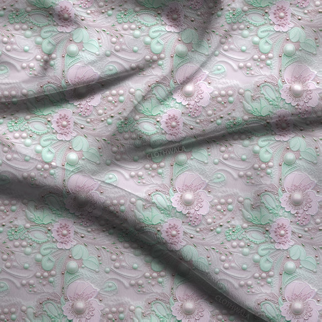 Trendy Mint Floral Delicacy Macaron Blooms Soft Crepe Printed Fabric