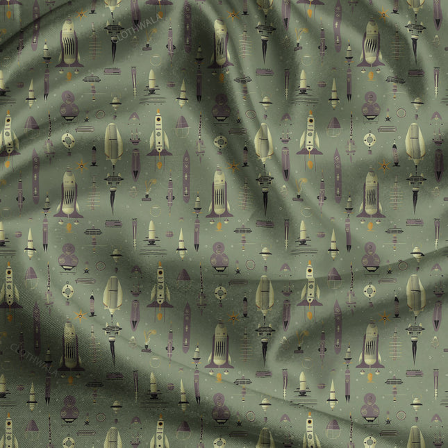 Must-Have Retro Novelty Conversational Rocket Rally uSoft Satin Printed Fabric