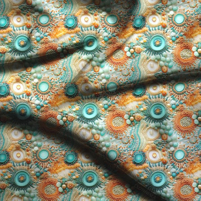 Hotpick Sunlit Abstract - Maritime Radiance Coral Medallions Soft Crepe Printed Fabric