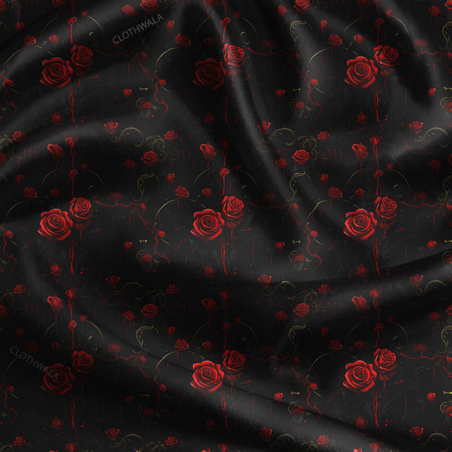Trendy Midnight Floral Rose uSoft Satin Printed Fabric