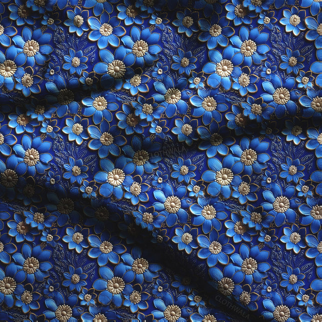 Hotpick Regal 3D Floral Indigo Bloom Soft Crepe Printed Fabric