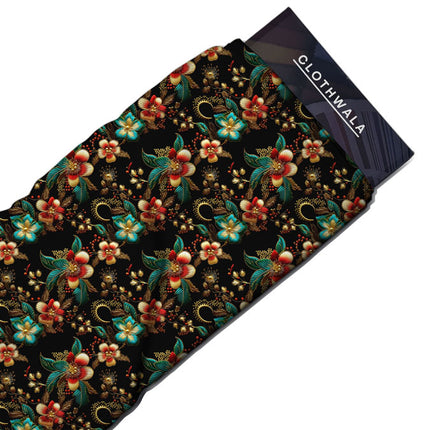 Premium Black Floral Teal Red Embroidery Look Soft Crepe Printed Fabric