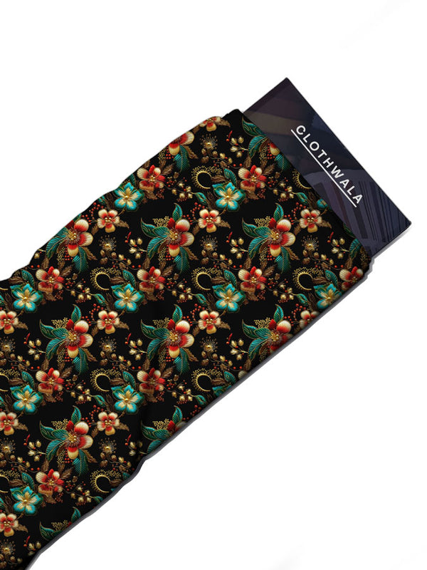 Premium Black Floral Teal Red Embroidery Look Soft Crepe Printed Fabric