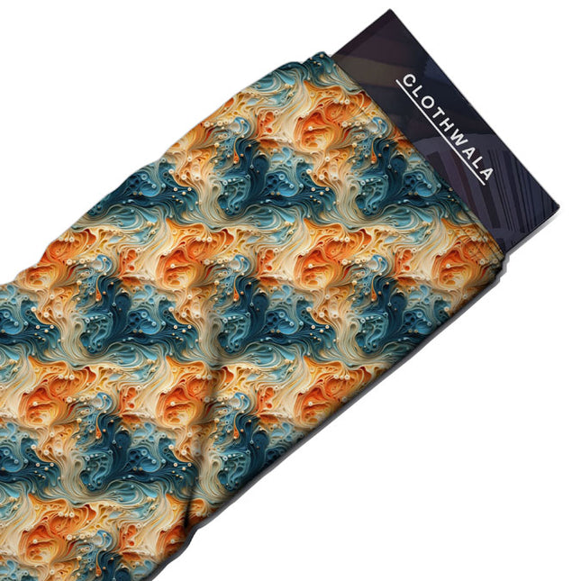 Luxury Aqua Abstract Flame Soft Crepe Printed Fabric