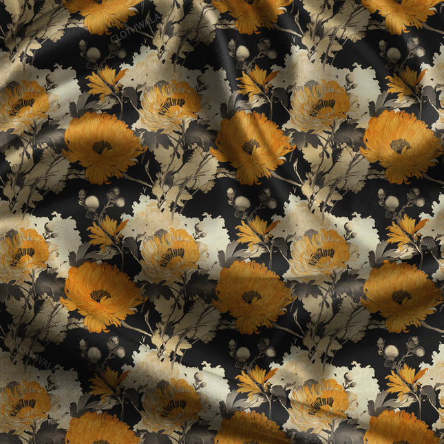 Hotpick Golden Floral Poppy Nocturne uSoft Satin Printed Fabric