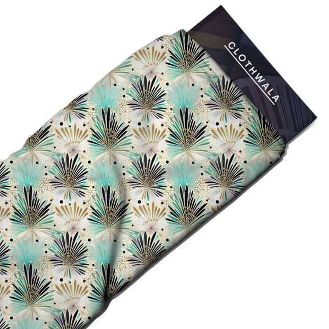 Trendy Gilded Botanical Glam Palm Dazzle uSoft Satin Printed Fabric