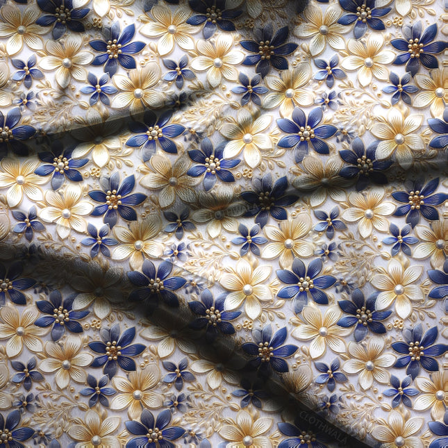 Hotpick Golden Floral Azure Harmony Soft Crepe Printed Fabric