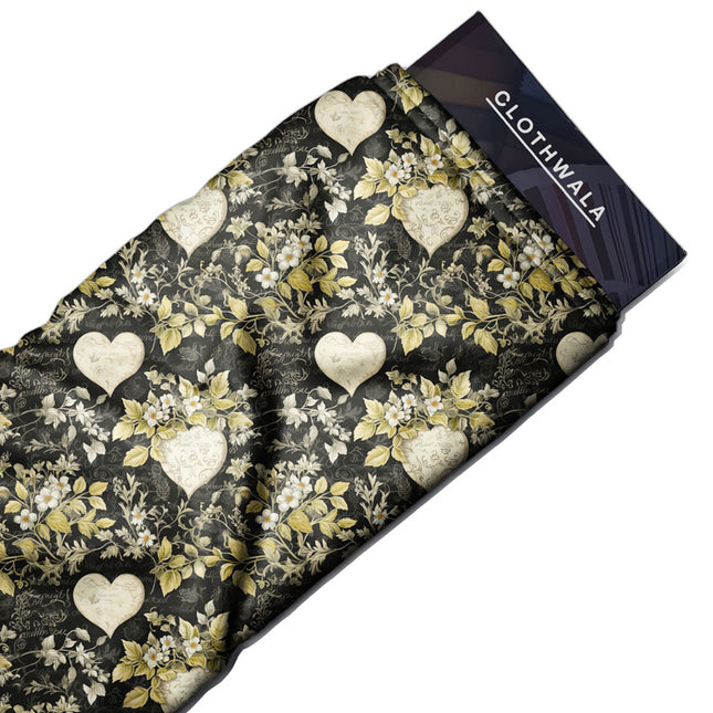 Trendy Golden Botanical Leave uSoft Satin Printed Fabric