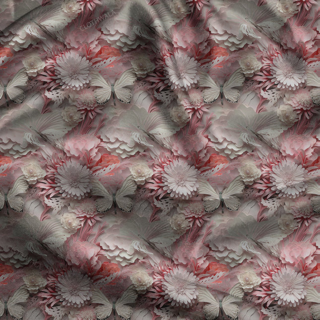 Luxury Crimson Floral Chiffon uSoft Satin Printed Fabric