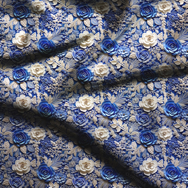 Exclusive Baroque Floral Blue Rose Tapestry Soft Crepe Printed Fabric