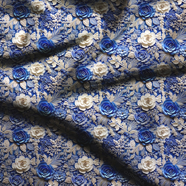 Exclusive Baroque Floral Blue Rose Tapestry Soft Crepe Printed Fabric